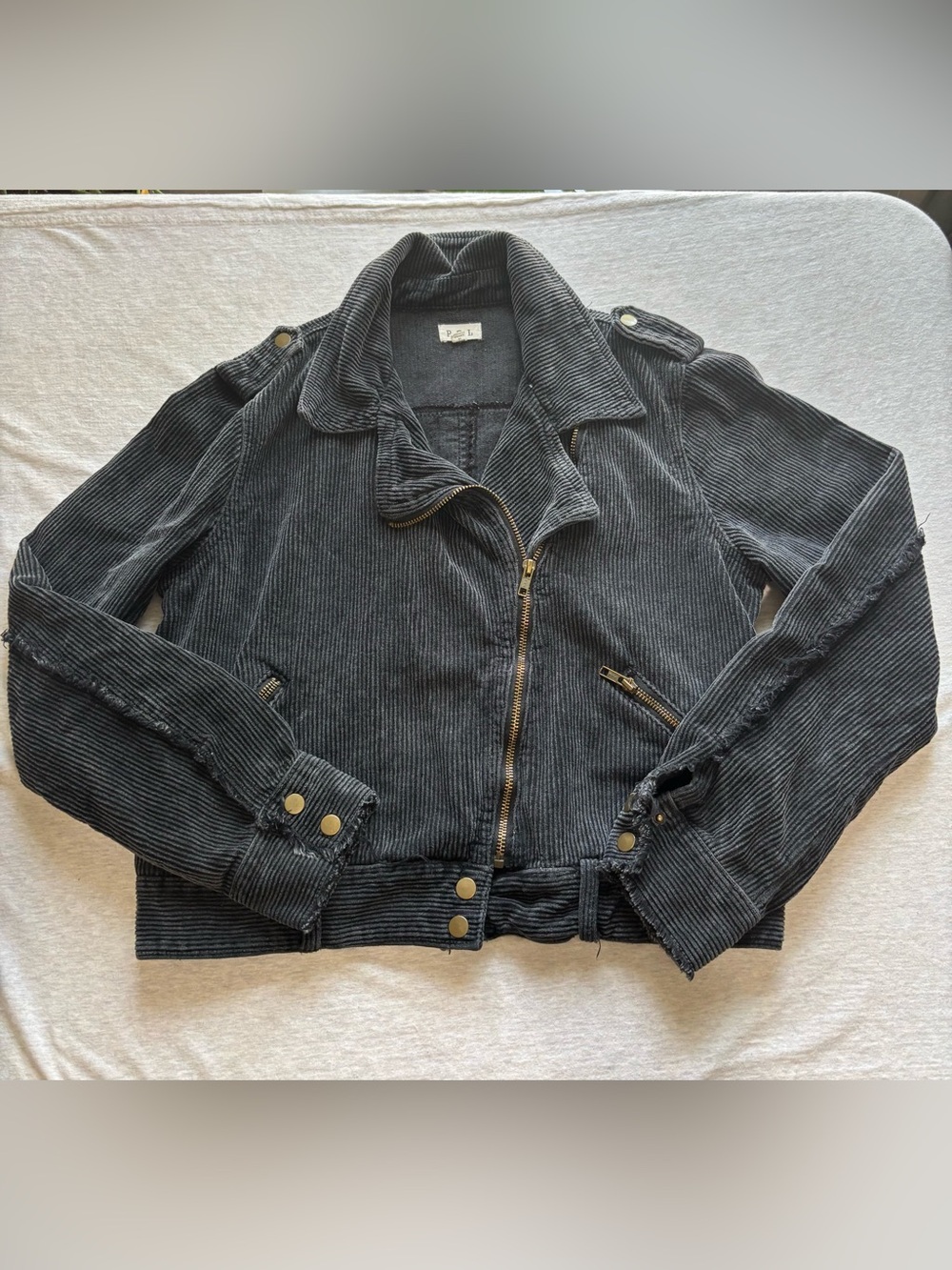 POL Charcoal Corduroy Moto Jacket Brass Hardware Cropped Size S